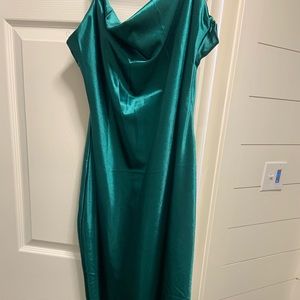 Green satin midi dress with draped top